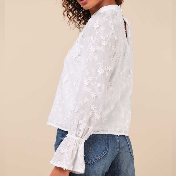 Lulus Charismatic Romantic Embroidered Mock Neck Blouse Top, White, Size S - Picture 3 of 13